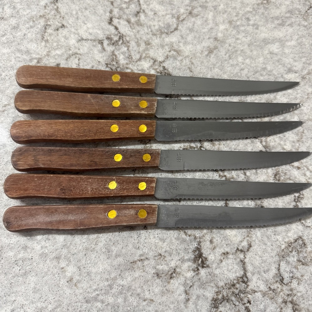6 Vintage Brand Ware Stainless Steel Steak Knives Wooden Handles Dainty Set
